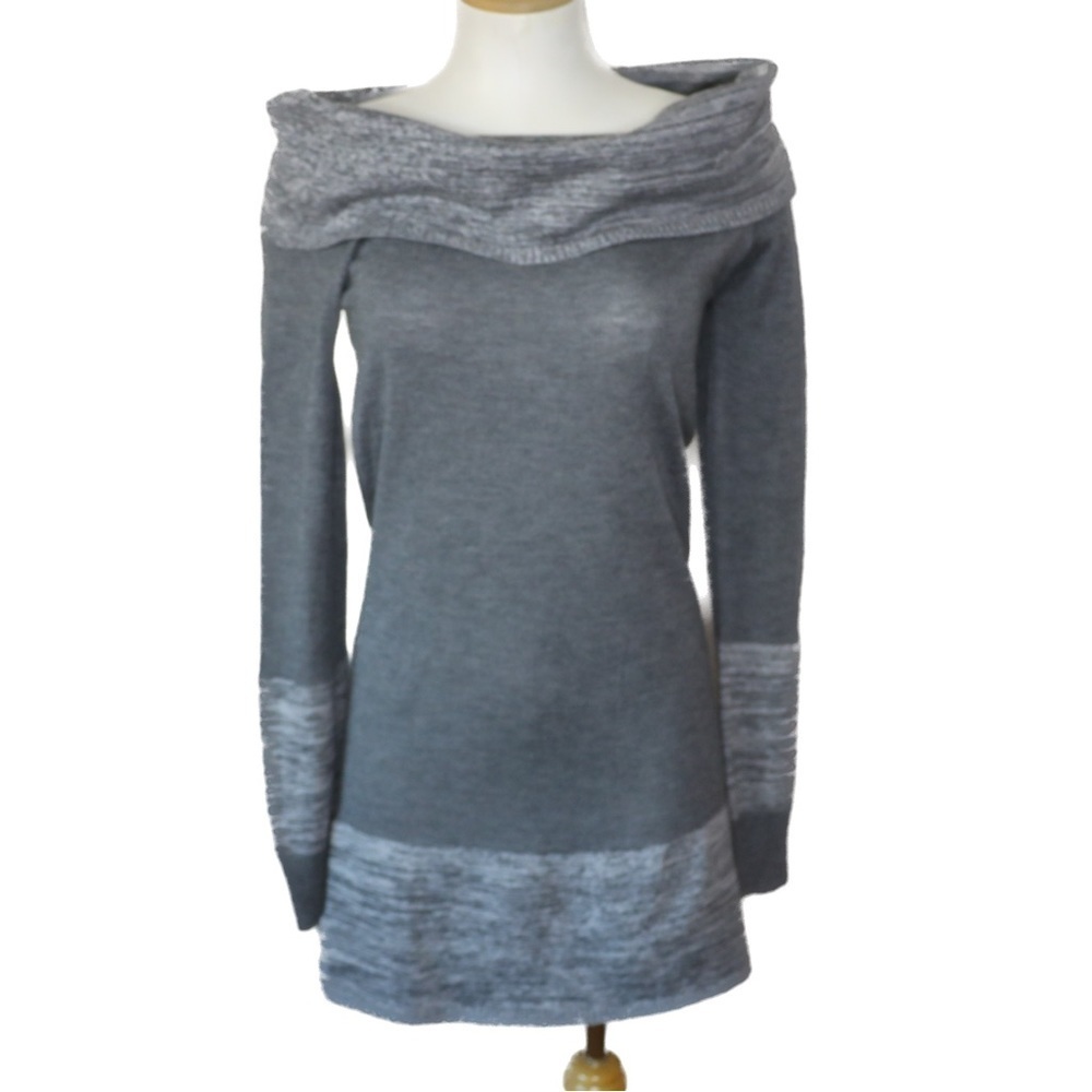 Bebe Off Shoulder Grey Wool Blend Knit Bodycon Sweater Dress Cowl Neck Medium